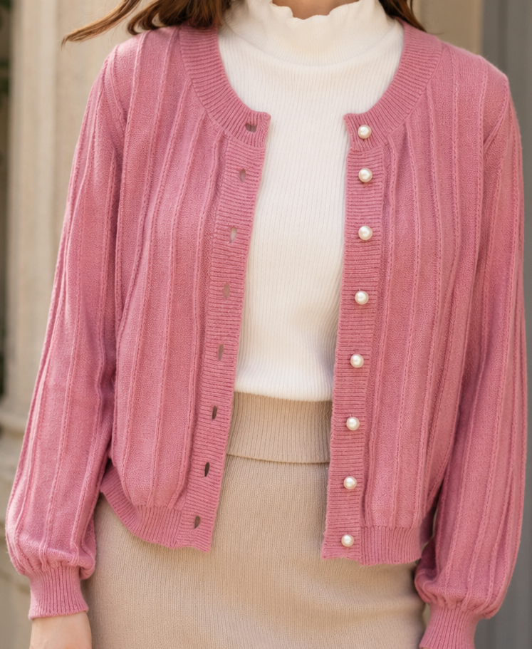 Lumina Wear Sophia cozy pink knit cardigan with open front, soft textured sweater perfect for casual styling.