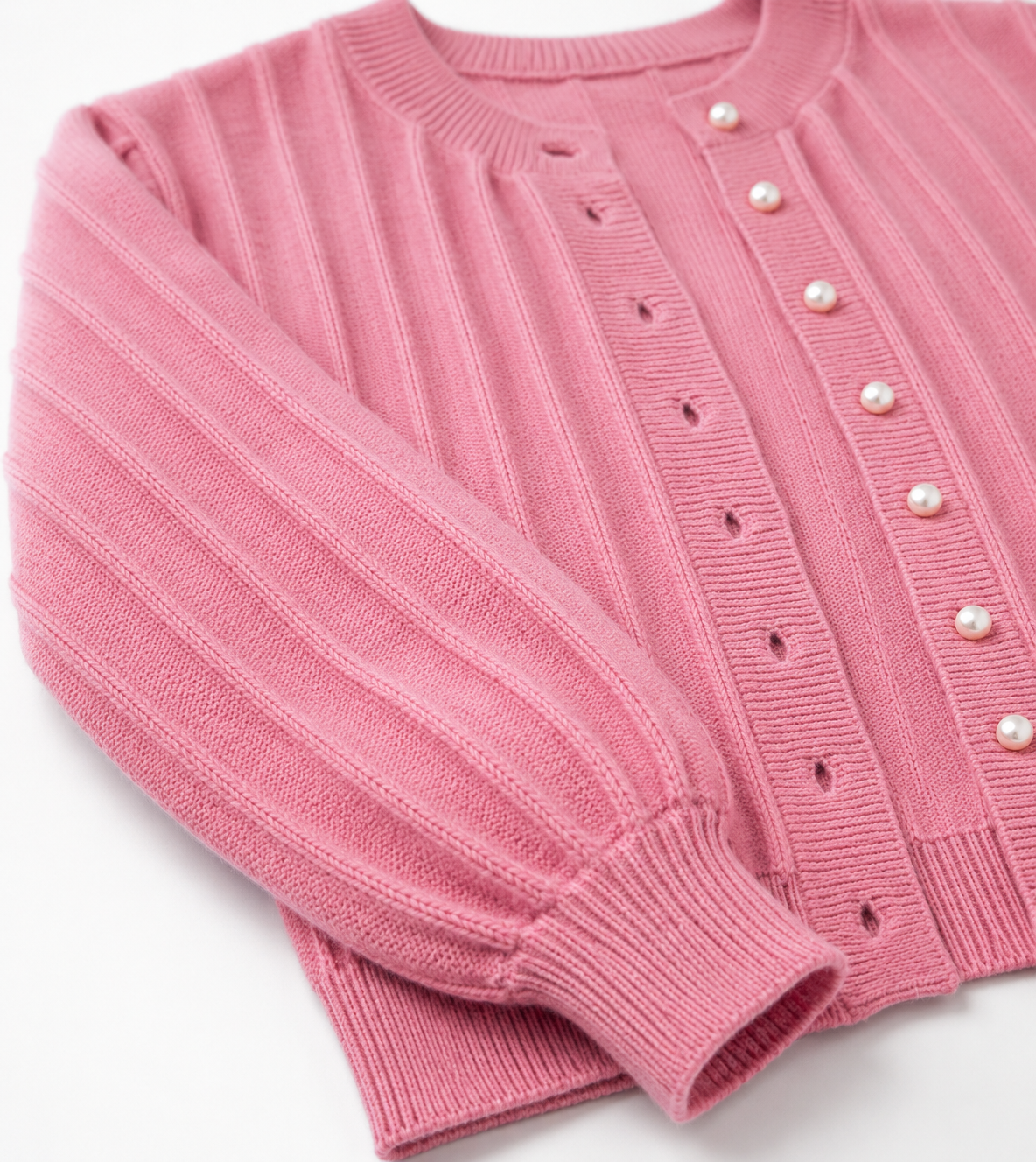 Lumina Wear Sophia cozy pink knit cardigan with open front, long sleeves, and ribbed cuffs, perfect for casual layering.