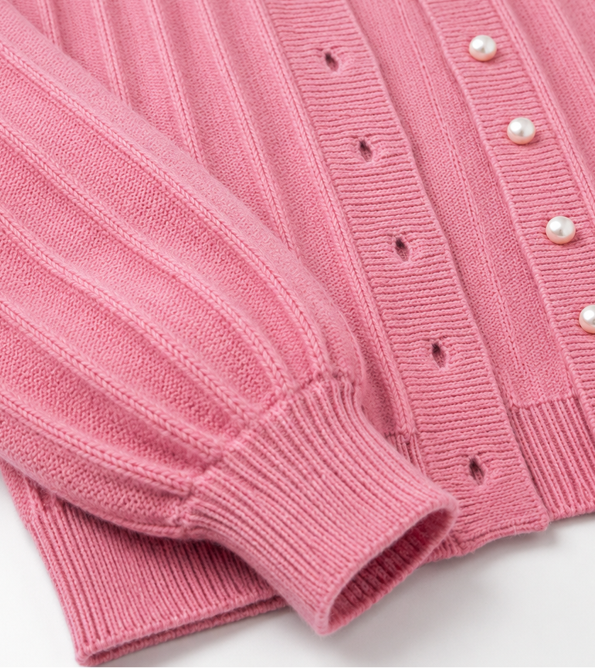 Lumina Wear Sophia pink knit cardigan with open front, cozy sweater featuring long sleeves and a relaxed fit.