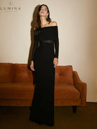 Black Abriella off-shoulder mesh maxi dress by Lumina Vancouver, featuring overfold design, perfect for autumn wear.