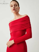 Black Abriella off-shoulder mesh maxi dress by Lumina Vancouver, featuring overfold design for autumn occasions.