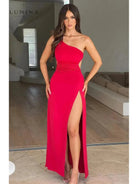 Red Adalyn maxi dress by Lumina Vancouver, elegant wedding guest gown with flowing fabric and sophisticated design.