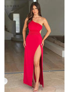 Red Adalyn Maxi Dress by Lumina Vancouver, elegant wedding guest dress with flowing fabric and flattering fit, size XS.