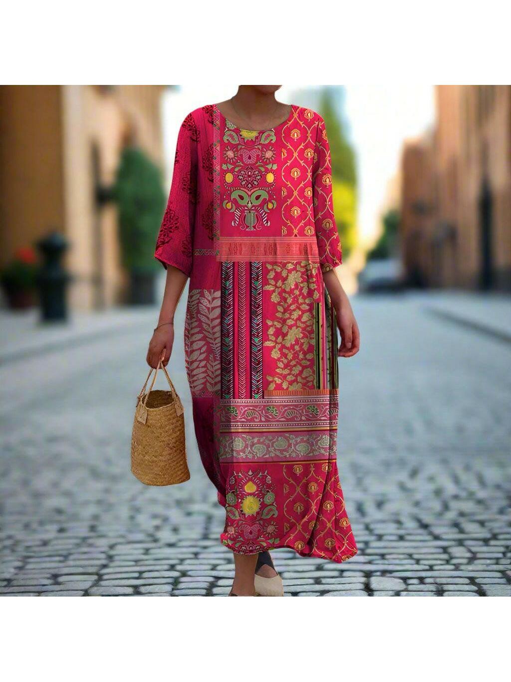 Multicolored Adeline™ flowy ethnic dress by Lumina Vancouver, featuring vibrant patterns and a relaxed fit.