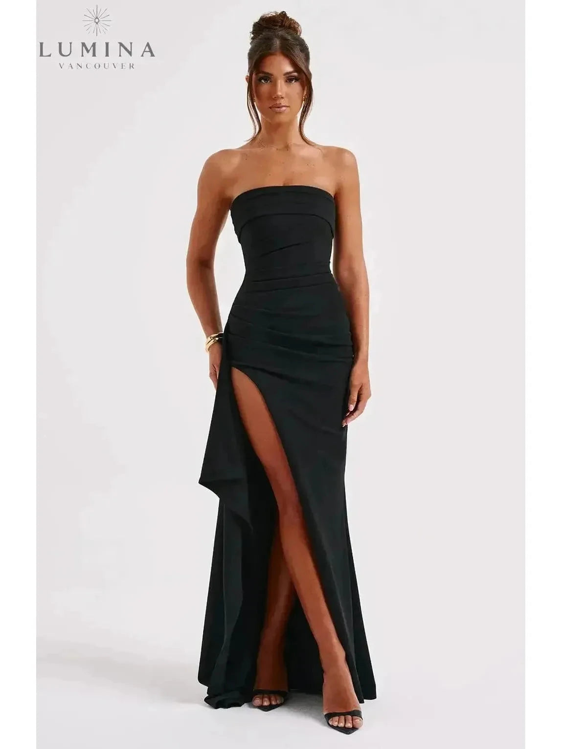 Black Ailiana Radiance Split Dress by Lumina Wear featuring a stylish design and elegant split detail, perfect for evening wear.