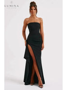 Black Ailiana Radiance Split Dress by Lumina Vancouver, showcasing a stylish design with elegant split details.