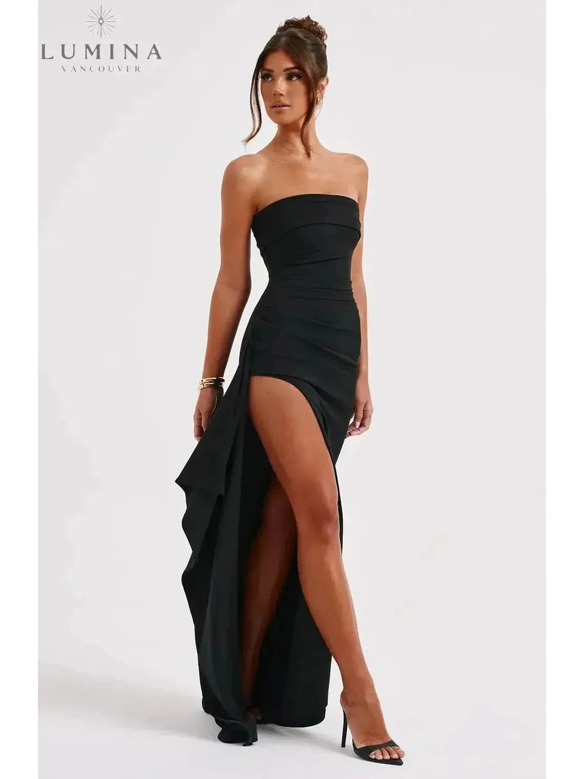 Black Ailiana Radiance Split Dress by Lumina Vancouver, featuring elegant design and stylish split detail on the skirt.