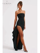 Black Ailiana Radiance Split Dress by Lumina Vancouver, featuring elegant design and stylish split detail on the skirt.