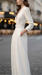 Ivory belted power jumpsuit by Lumina Vancouver, featuring a stylish design and fitted waist, shown on a white background.