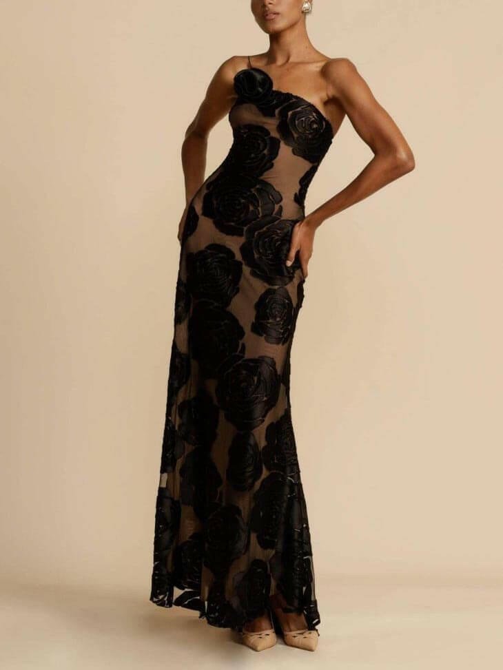 Black Alice flower maxi dress by Lumina Wear, elegant long dress featuring floral patterns, perfect for wedding guests.