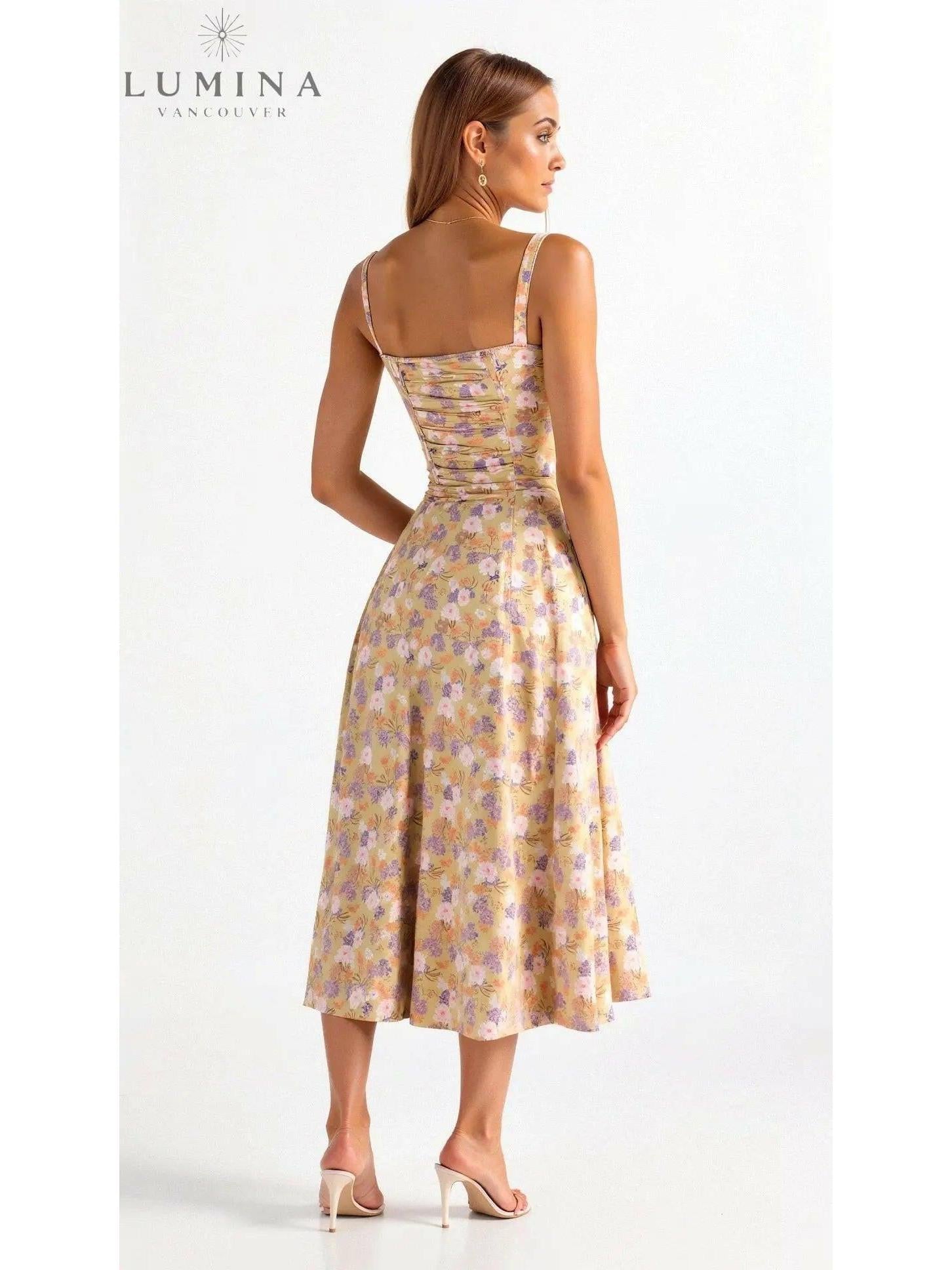 Yellow Lumina Wear Alina elegant waist dress, flattering evening dress with chic style, perfect for wedding guests.