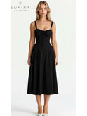 Yellow Lumina Wear Alina evening waist dress, elegant and flattering for wedding guests, shown from the front.