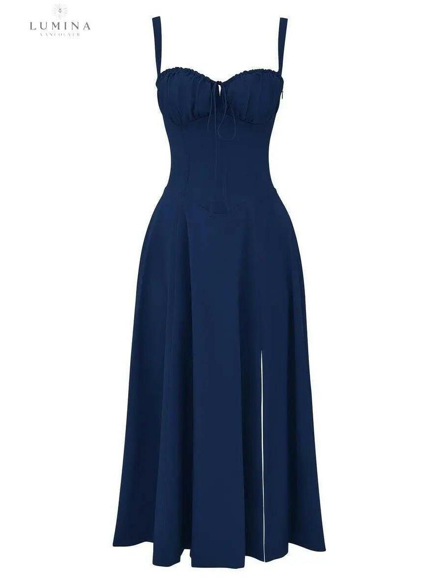 Yellow Alina waist dress by Lumina Vancouver, elegant and flattering wedding guest dress with chic style and fitted silhouette.