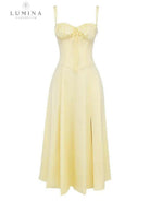 Yellow Alina waist dress by Lumina Vancouver, elegant and chic wedding guest dress with a flattering fit.