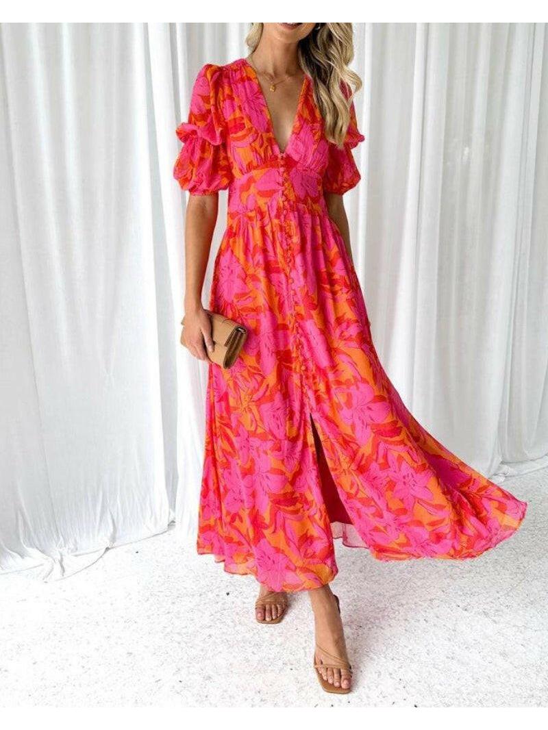 Red and pink Alva elegant V-neck puff sleeve maxi dress by Lumina Vancouver, displayed on a model.