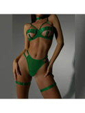 Purple 4-piece lingerie set by Lumina Wear featuring delicate lace details and adjustable straps, styled on a model.