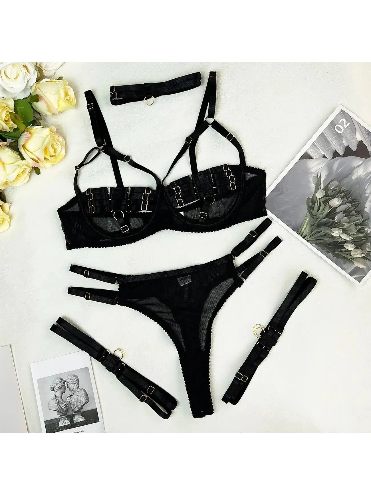 Purple Oceane 4-piece lingerie set by Lumina Vancouver featuring lace bras and matching panties on a model.