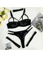 Purple Oceane 4-piece lingerie set by Lumina Vancouver featuring lace bras and matching panties on a model.
