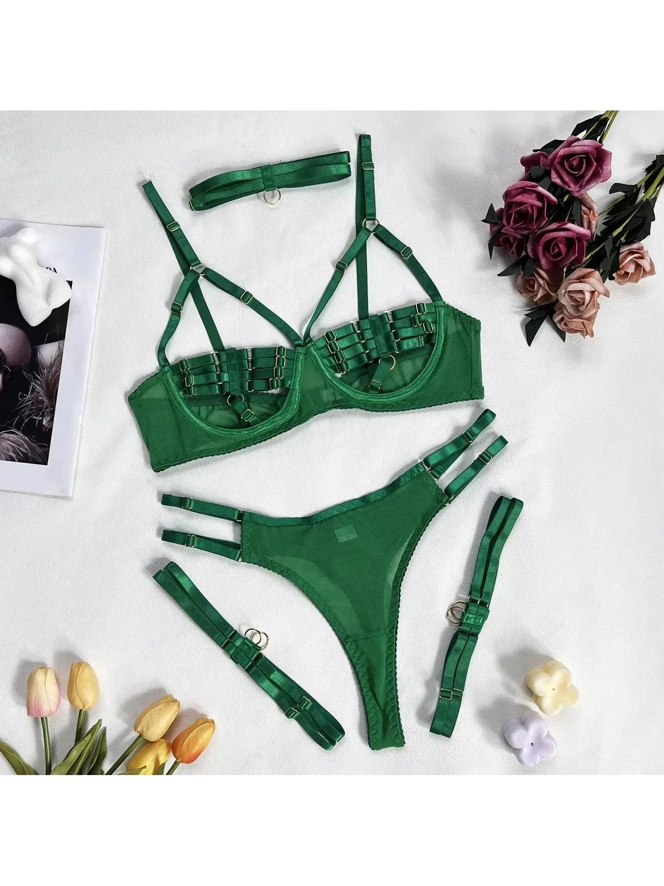 Lumina Vancouver Oceane 4-piece purple lingerie set with lace and satin details, including bra, panties, and garter belt.