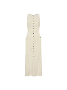 Beige Amaris Maxi Dress by Lumina Vancouver styled for autumn, featuring flowing fabric and elegant design.