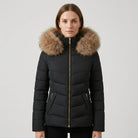 Black Amelia Lumina longline puffer coat with faux-fur hood, sleek design, and insulated warmth for cold weather.