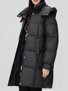 Black Amelia Lumina Wear hooded longline puffer coat with belt, stylish and insulated winter outerwear for women.