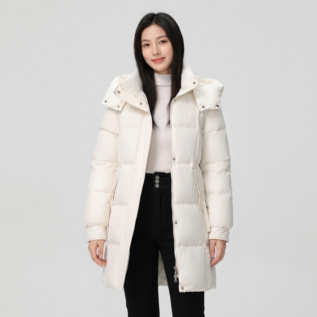 Black Amelia Lumina Wear hooded longline puffer coat with belt, stylish insulated winter outerwear in XS size.