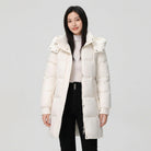 Black Amelia Lumina Wear hooded longline puffer coat with belt, stylish insulated winter outerwear in XS size.