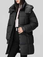 Black Amelia Lumina Wear hooded longline puffer coat with belt, stylish winter outerwear with a cozy, padded design and belt detail.