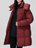 Black Lumina Wear Amelia hooded longline puffer coat with belt, stylish winter coat with quilted design and cozy hood.