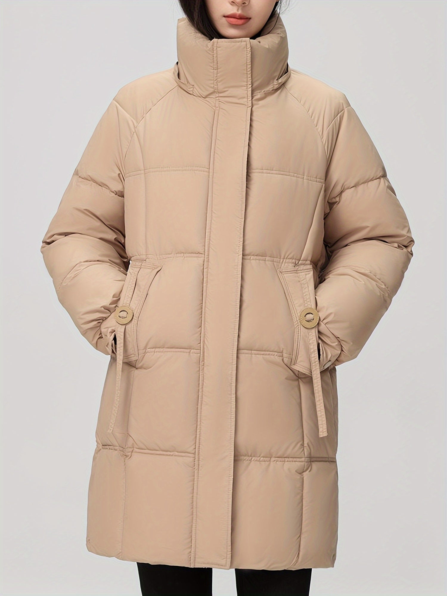 Black Amelia Lumina Wear hooded longline puffer coat with belt, stylish and warm winter outerwear for women.