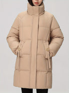 Black Amelia Lumina Wear hooded longline puffer coat with belt, stylish and warm winter outerwear for women.