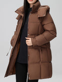 Black Lumina Wear Amelia hooded longline puffer coat with belt, stylish and warm, shown on a model against a neutral background.