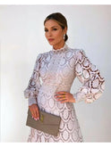 Lumina Wear Amélie French lace dress in apricot, showcasing intricate lace details and a stylish, elegant dress design.