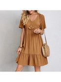 Brown Amy casual summer dress by Lumina Wear, lightweight fabric, sleeveless design, ideal for warm weather, front view.