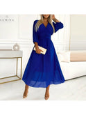 Blue Ana stylish wrap evening dress by Lumina Wear, featuring a flattering silhouette, ideal for wedding guest attire.