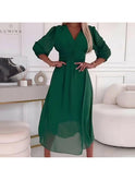 Blue Ana stylish wrap dress by Lumina Wear, evening dress for wedding guests, shown on a model.
