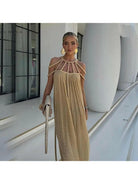 Annalise boho summer dress in khaki by Lumina Vancouver, featuring a relaxed fit and adjustable straps for holiday vibes.