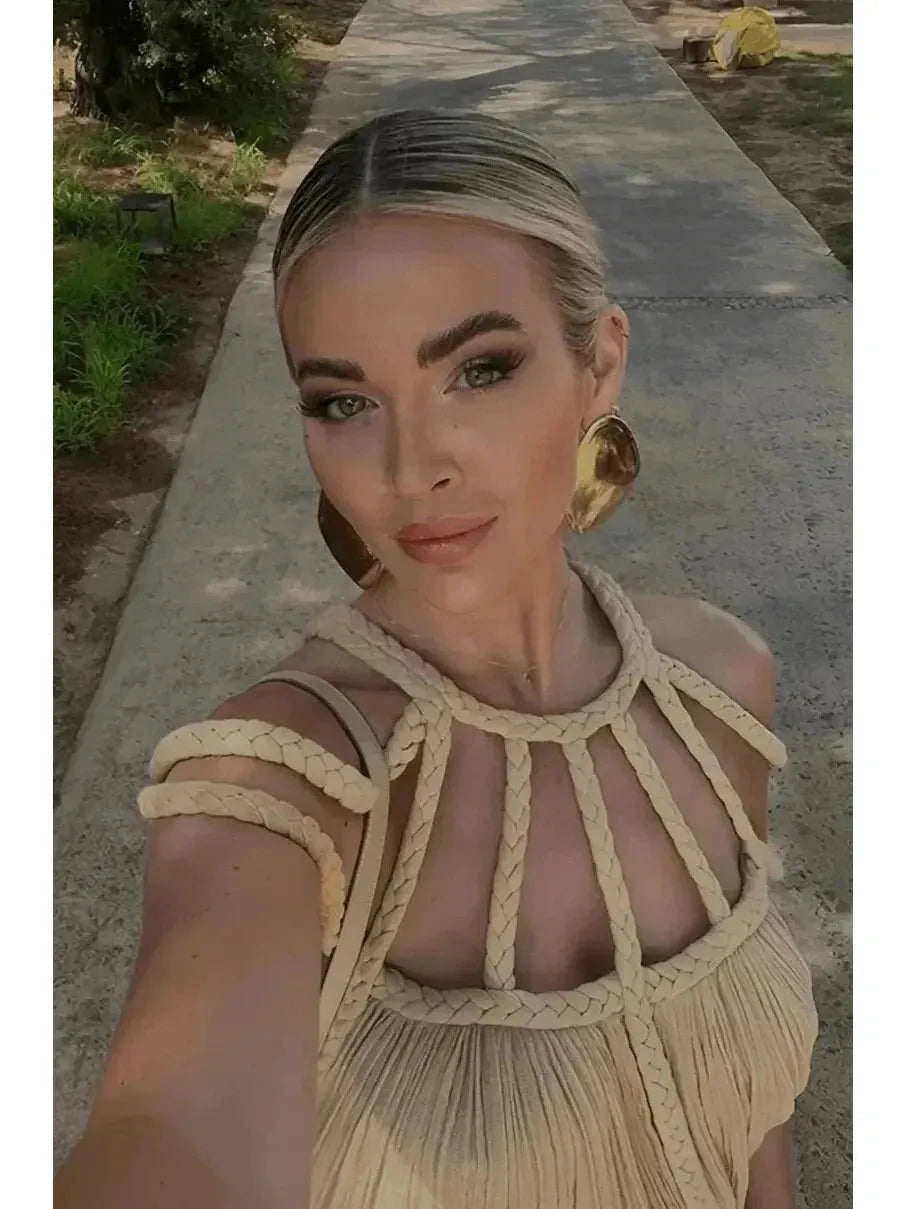 Khaki Annalise boho summer dress by Lumina Wear featuring adjustable straps and a relaxed holiday vibe.