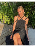 Annalise boho summer dress by Lumina Vancouver in khaki, featuring adjustable straps and a relaxed holiday vibe style.
