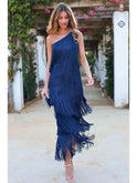 Blue Anne one-shoulder evening dress by Lumina Wear, elegant wedding guest dress with a stylish shoulder design.