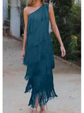 Blue Anne one-shoulder evening dress by Lumina Wear with elegant design, perfect for wedding guests or formal occasions.