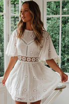 Women's Eyelet Dress - A-Line Silhouette - Short Bell Sleeves - Fitted Bodice by Lumina Vancouver