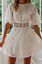Women's Eyelet Dress - A-Line Silhouette - Short Bell Sleeves - Fitted Bodice by Lumina Vancouver