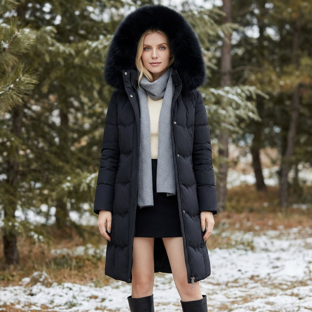 Black Arabella Luxe Faux-Fur Hood Longline Puffer Coat by Lumina Wear, stylish winter women's jacket with cozy fur trim.