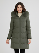 Black Arabella Luxe Faux-Fur Hood Longline Puffer Coat by Lumina Wear, featuring a cozy faux-fur hood and stylish longline design.