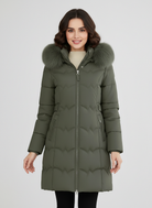 Black Arabella Luxe Faux-Fur Hood Longline Puffer Coat by Lumina Wear for women, featuring a cozy fur-lined hood and stylish long silhouette.