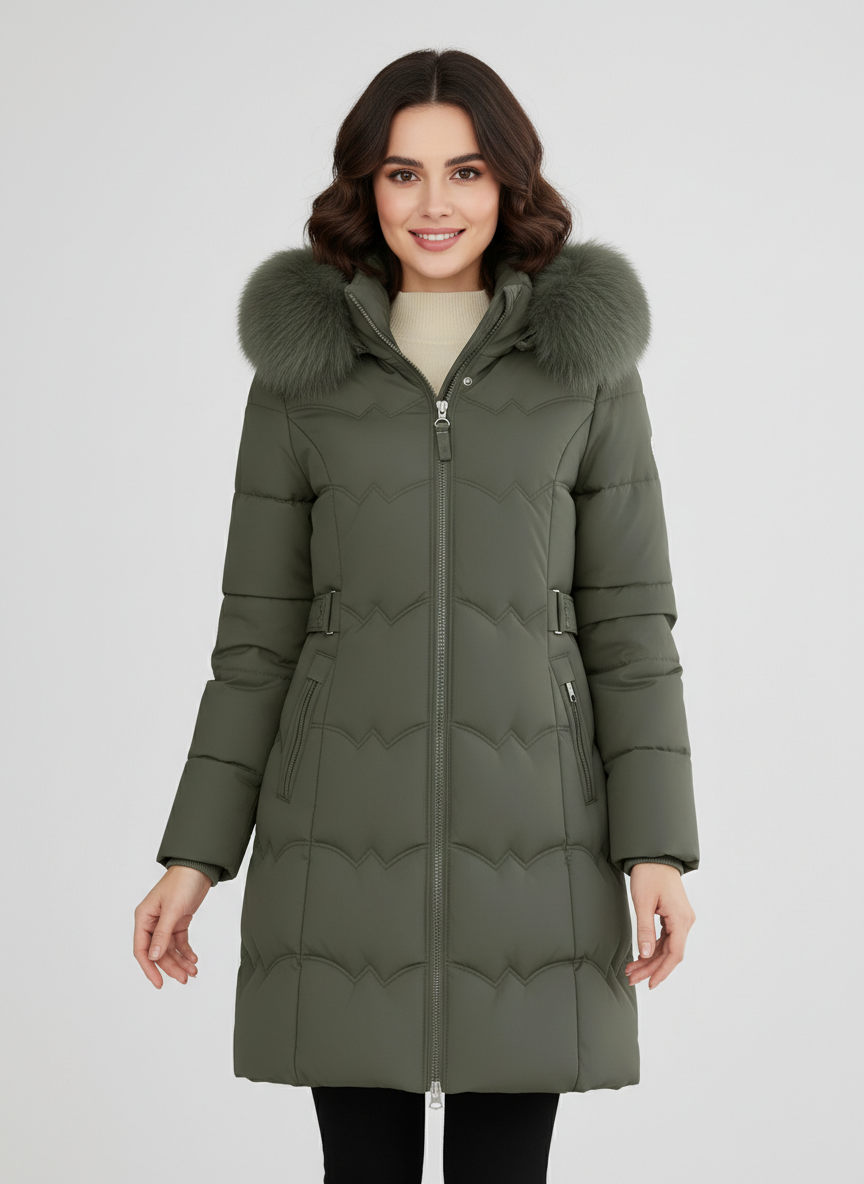Black Arabella Luxe Faux-Fur Hood Longline Puffer Coat by Lumina Wear for women, featuring a cozy fur-lined hood and stylish long silhouette.