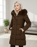Black Arabella Luxe Faux-Fur Hood Longline Puffer Coat by Lumina Wear, stylish winter jacket with plush faux-fur trim.