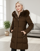 Black Arabella Luxe Faux-Fur Hood Longline Puffer Coat by Lumina Wear, stylish women's winter coat with cozy fur trim.